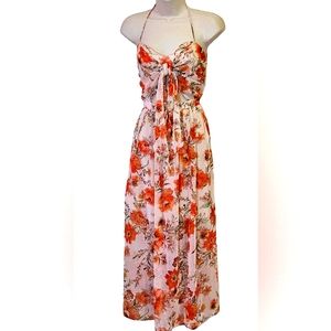 One and Only Collective Orange/Beige Multi-Color Floral Halter Dress, Medium,NWT